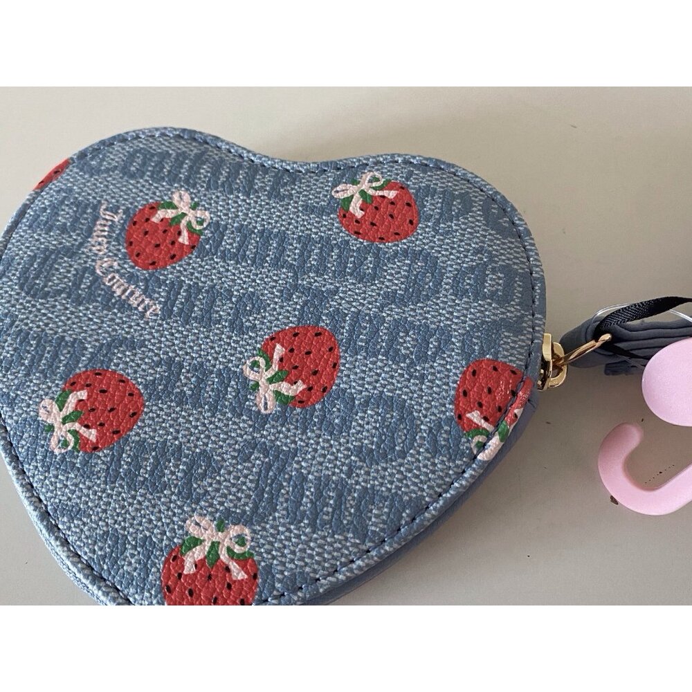 Juicy Couture Berry Sweet Coin Purse Wristlet Dusty Blue Red Strawberries NEW - Picture 6 of 10